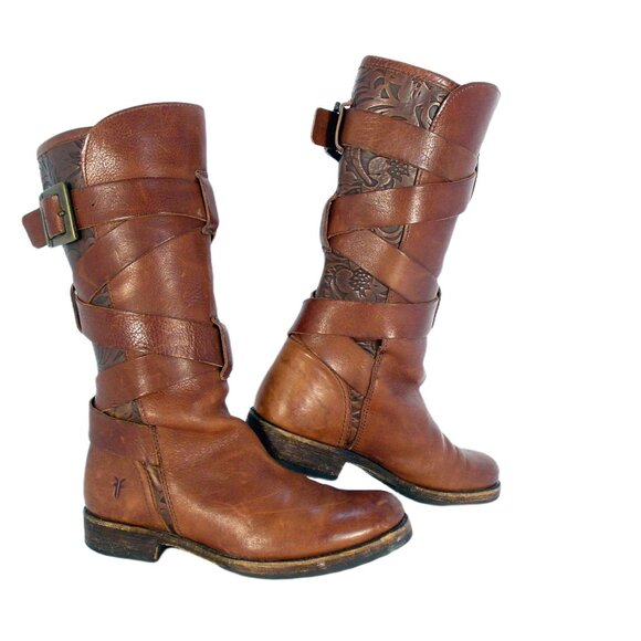 FRYE Veronica RARE Floral Hand-Tooled Embossed Leather Strappy Boots Women's 8 - Picture 13 of 13